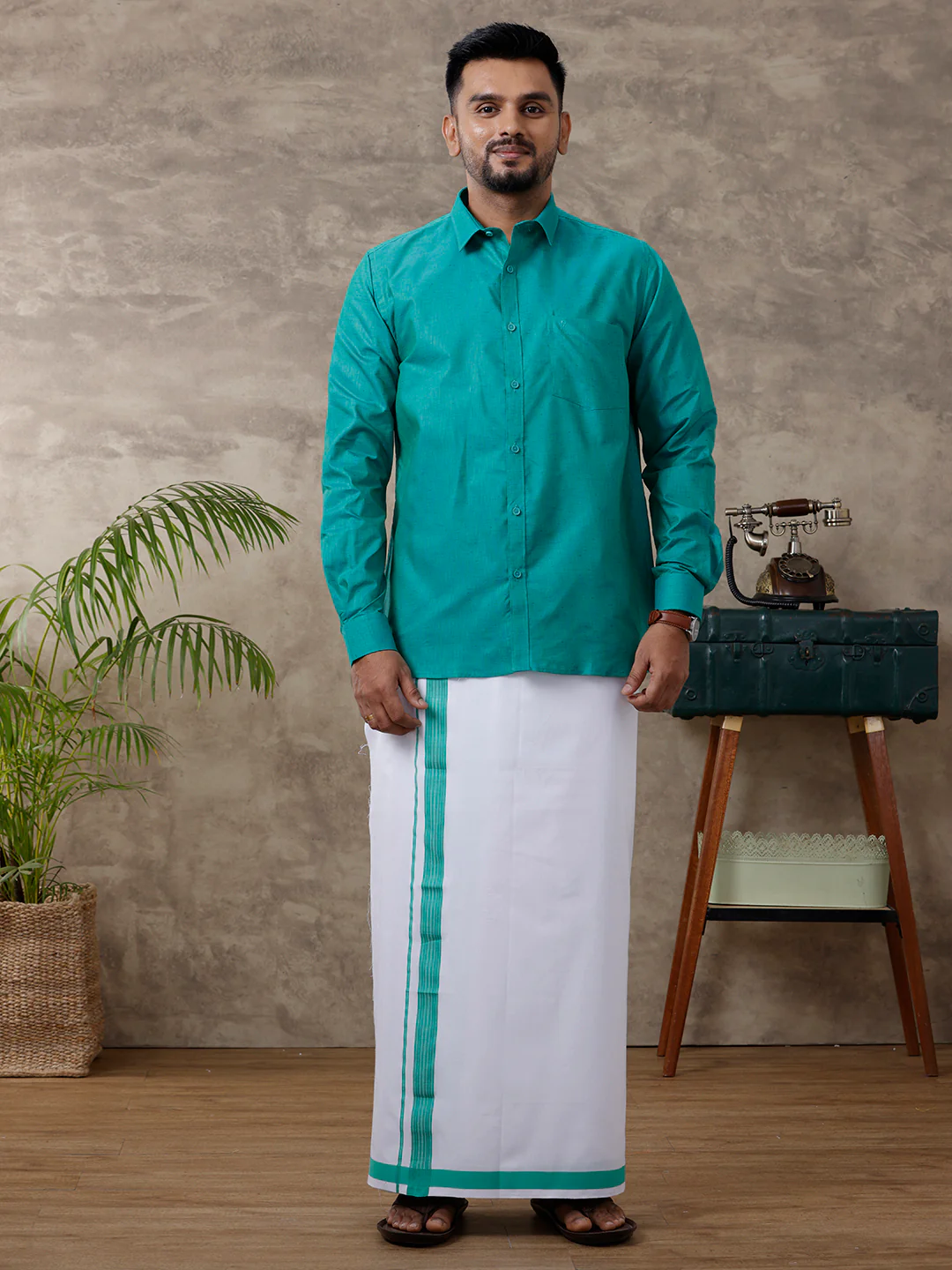 Men Matching Border Dhoti & Shirt Set Full Green C36 - Image 2