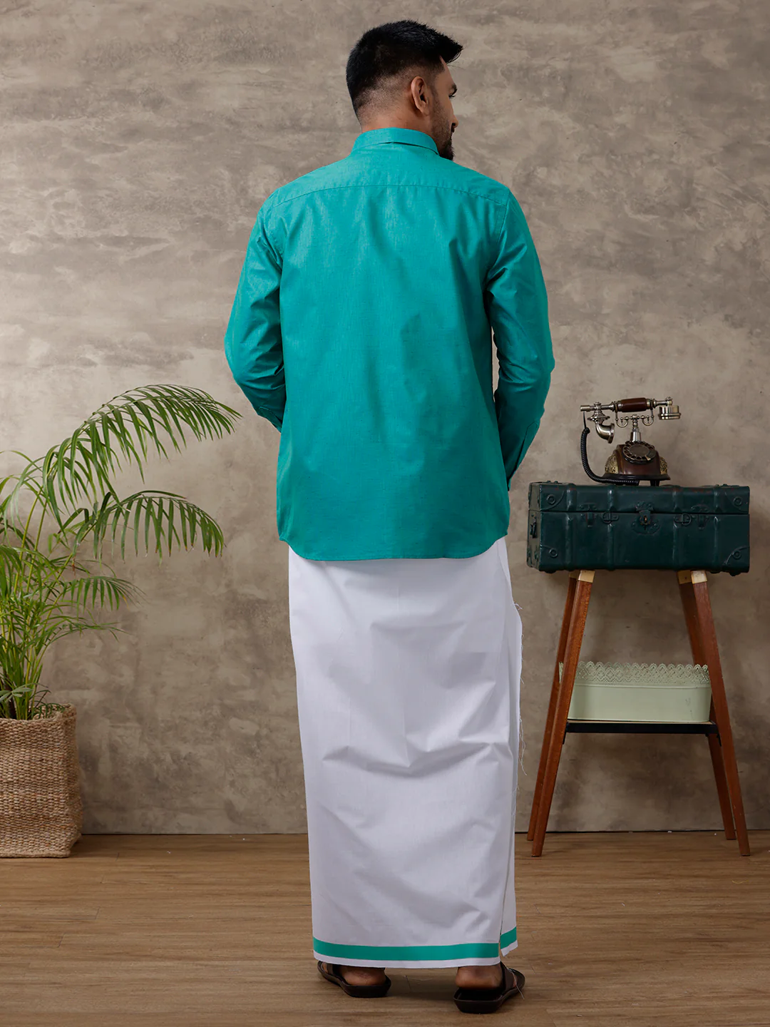 Men Matching Border Dhoti & Shirt Set Full Green C36 - Image 4
