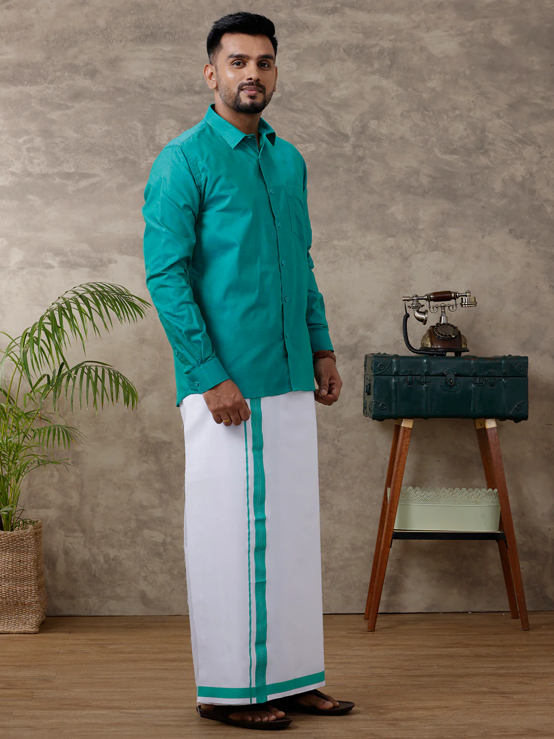 Men Matching Border Dhoti & Shirt Set Full Green C36 - Image 5