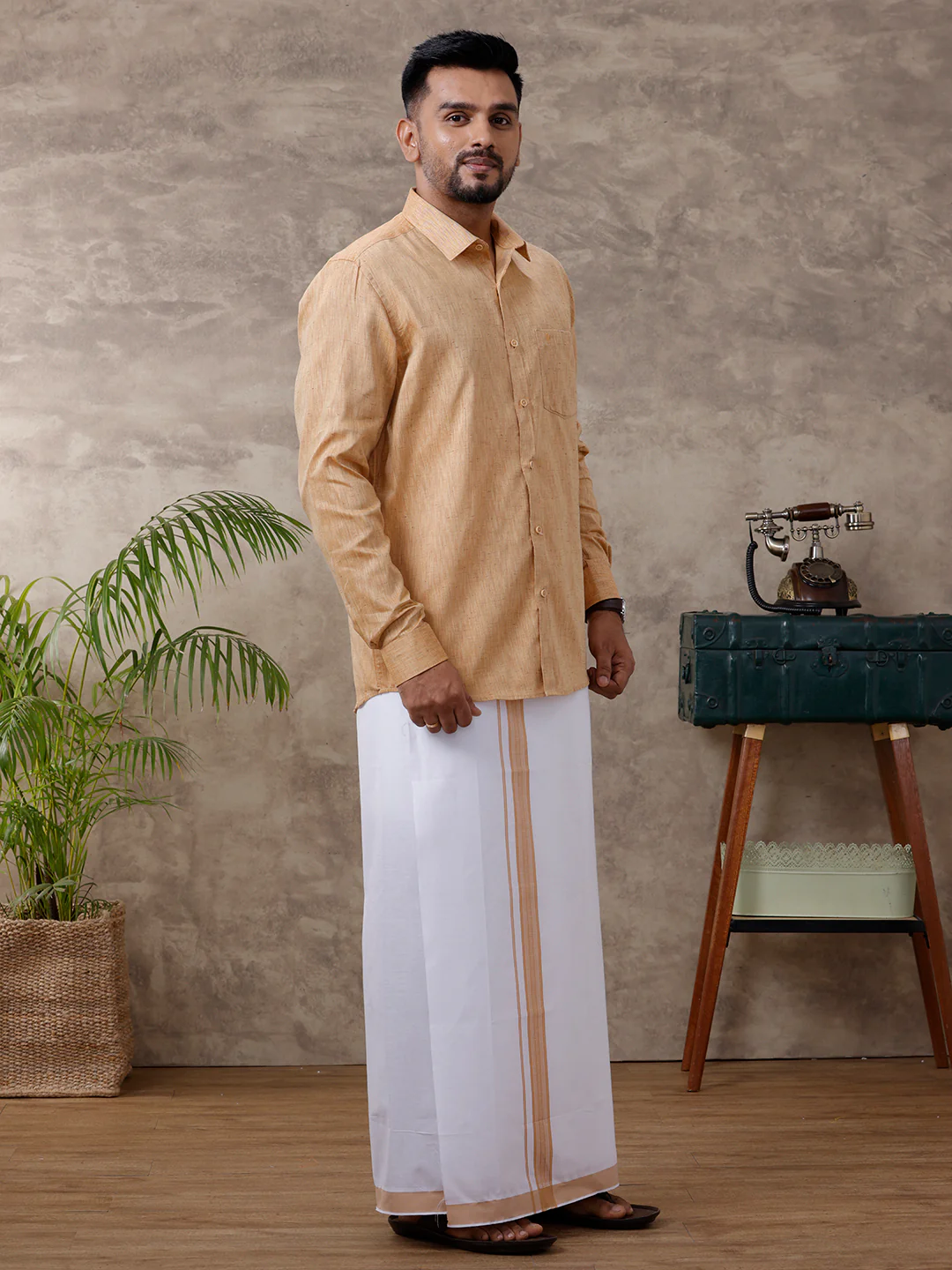 Mens Matching Border Dhoti & Shirt Set Full Mustard C1 - Image 2