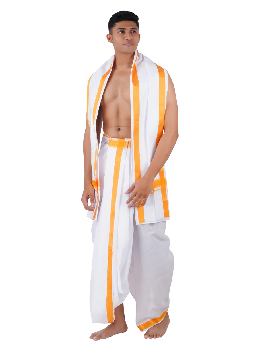 Men Cotton Orange Border Panchakacham with Angavasthram Srisailam (9+5) - Image 2