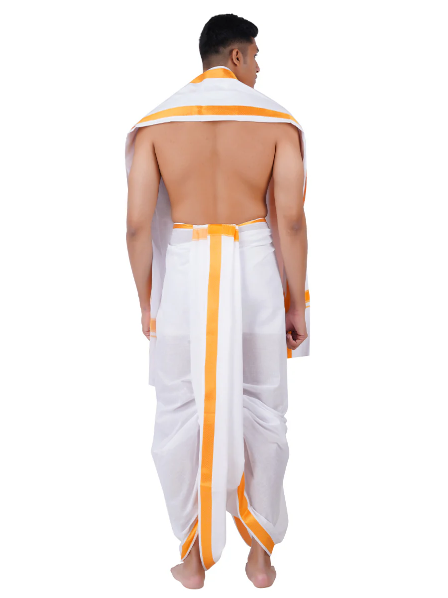 Men Cotton Orange Border Panchakacham with Angavasthram Srisailam (9+5) - Image 3