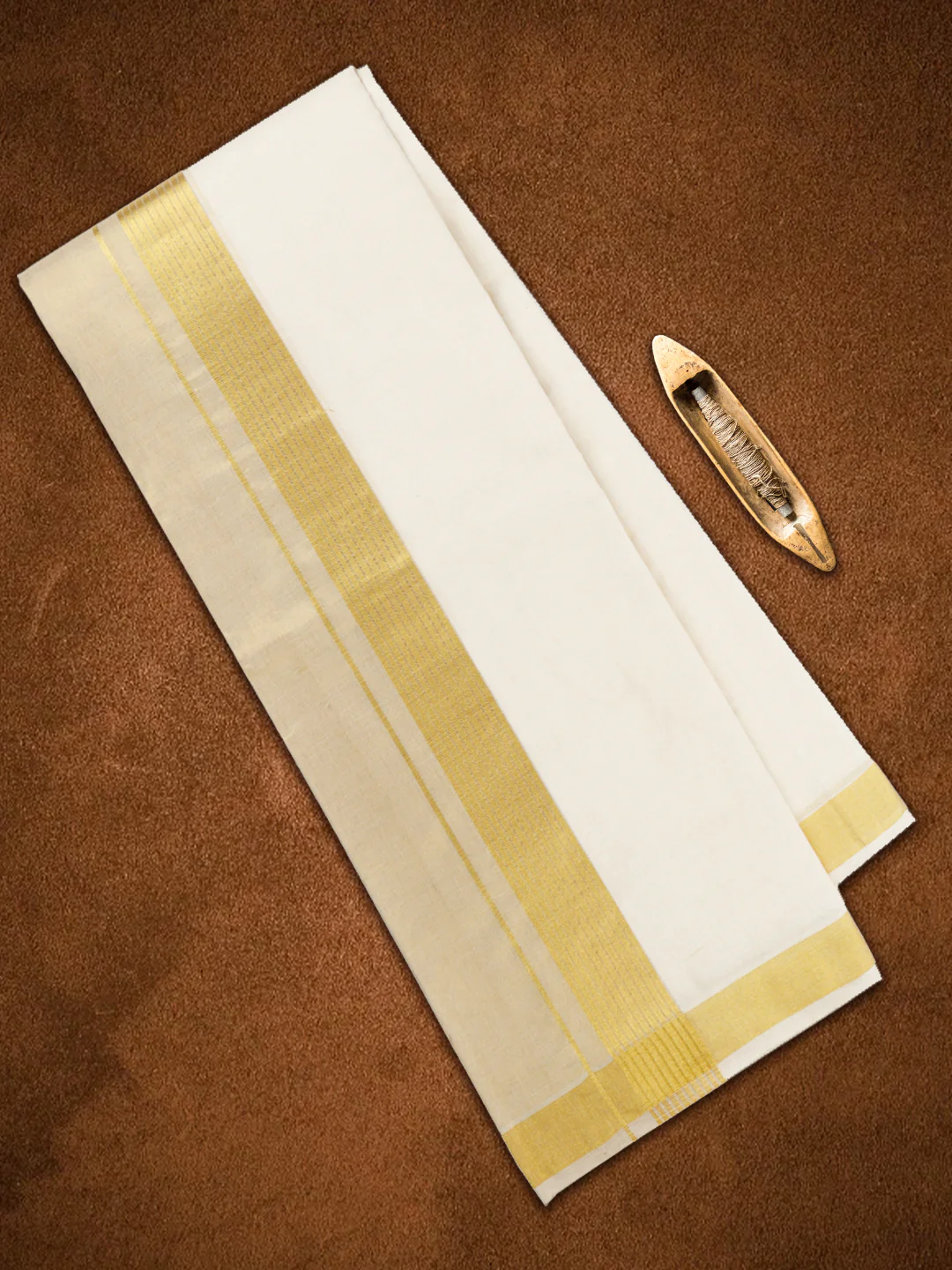 Mens Premium Handloom Cotton & Tissue Double Dhoti with Gold Jari Border 110512 - Image 3