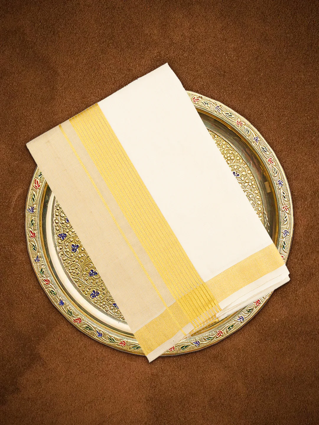 Mens Premium Handloom Cotton & Tissue Double Dhoti with Gold Jari Border 110512 - Image 4