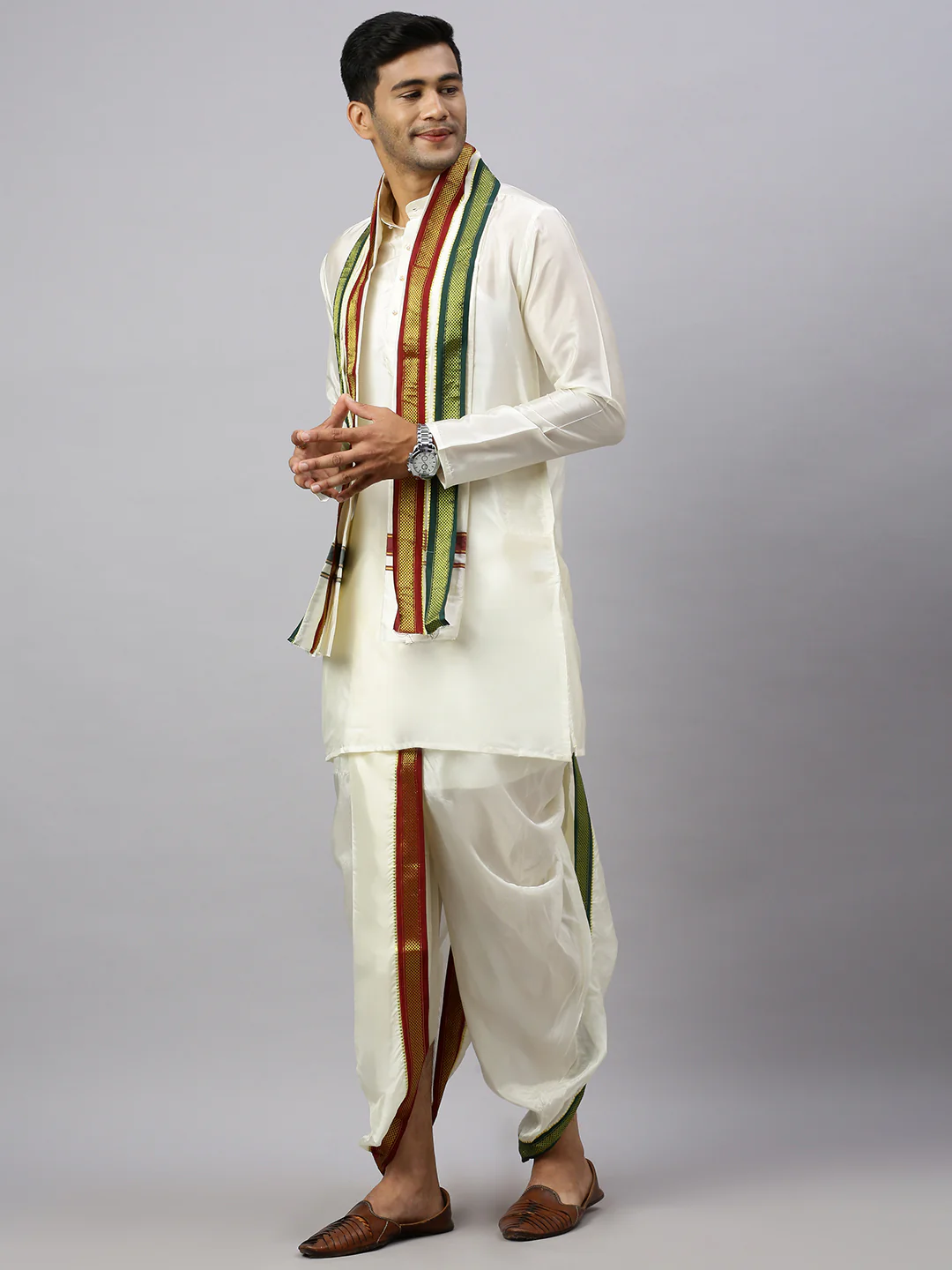Men Art Silk Kurta Readymade Elastic Panchakacham & Towel Set - Image 2