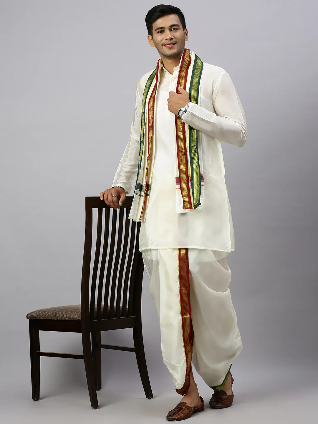 Men Art Silk Kurta Readymade Elastic Panchakacham & Towel Set - Image 3