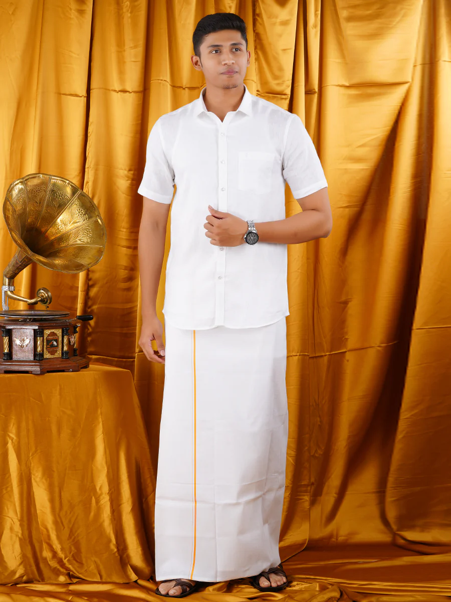 Mens Premium White Dhoti & Half Sleeve Shirt Bright Man Set - Image 2