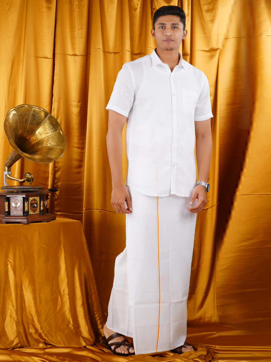Mens Premium White Dhoti & Half Sleeve Shirt Bright Man Set - Image 3