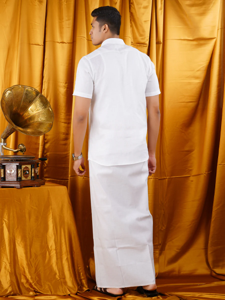 Mens Premium White Dhoti & Half Sleeve Shirt Bright Man Set - Image 4
