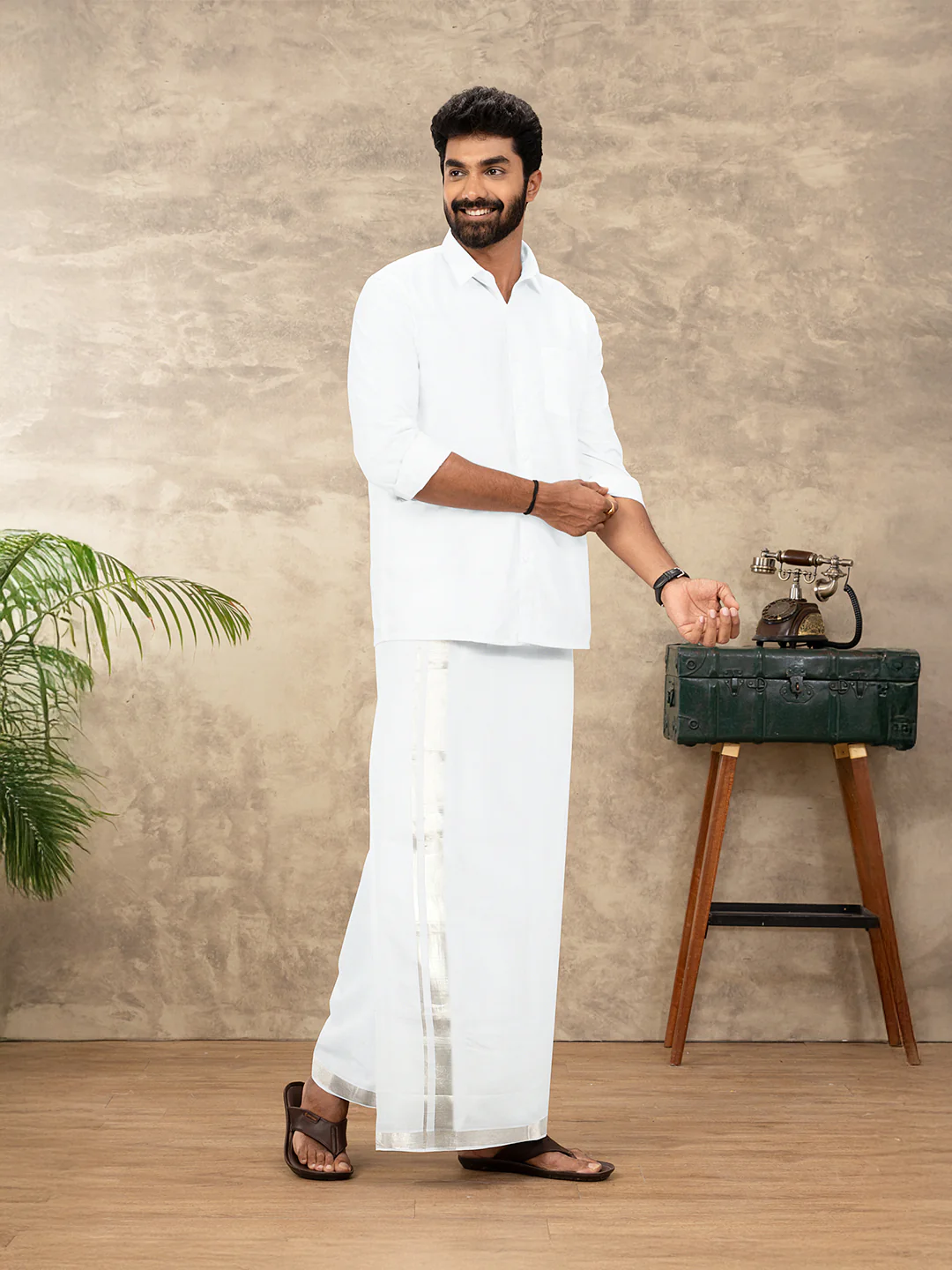 Men Pure Cotton Silver Jari Border Double Dhoti Silver Coin - Image 2