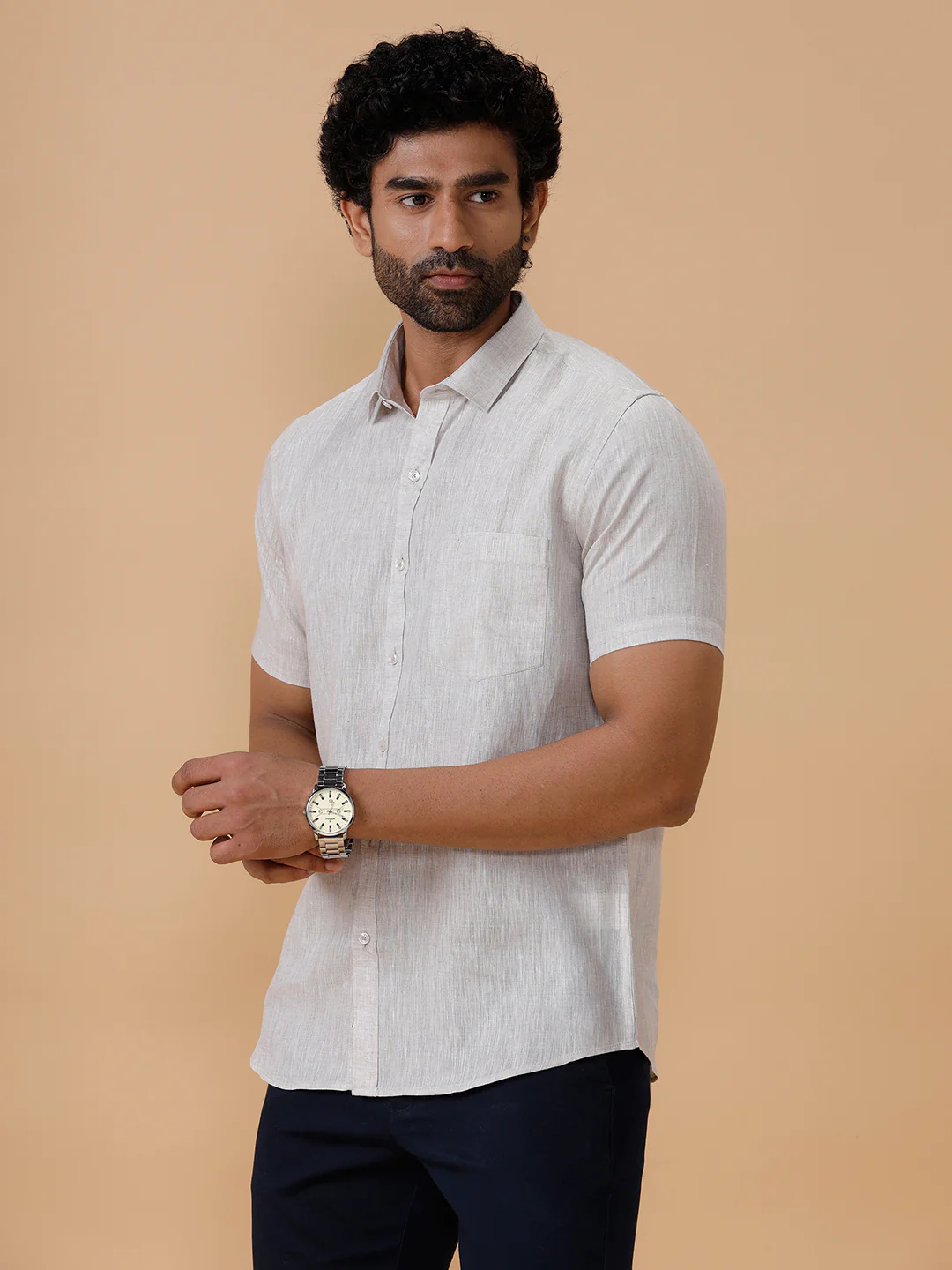 Mens Pure Linen Grey Shirt L10 - Image 4