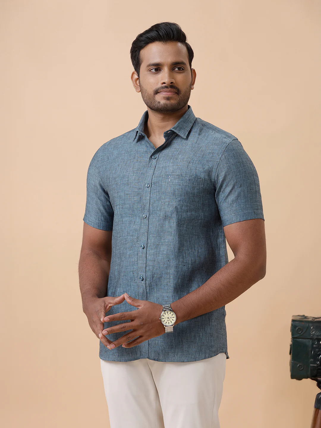 Mens Pure Linen Shirt Blue L20 - Image 2