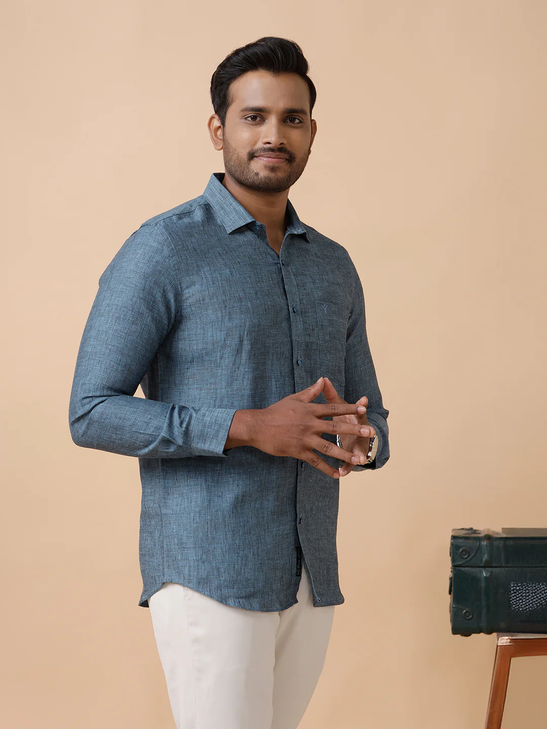 Mens Pure Linen Shirt Blue L20 - Image 3