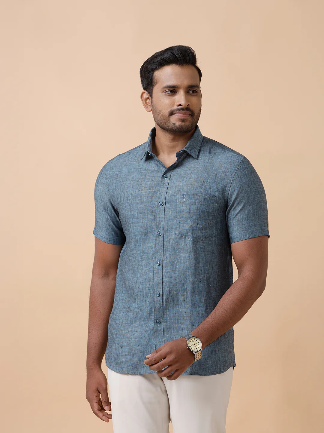 Mens Pure Linen Shirt Blue L20 - Image 4