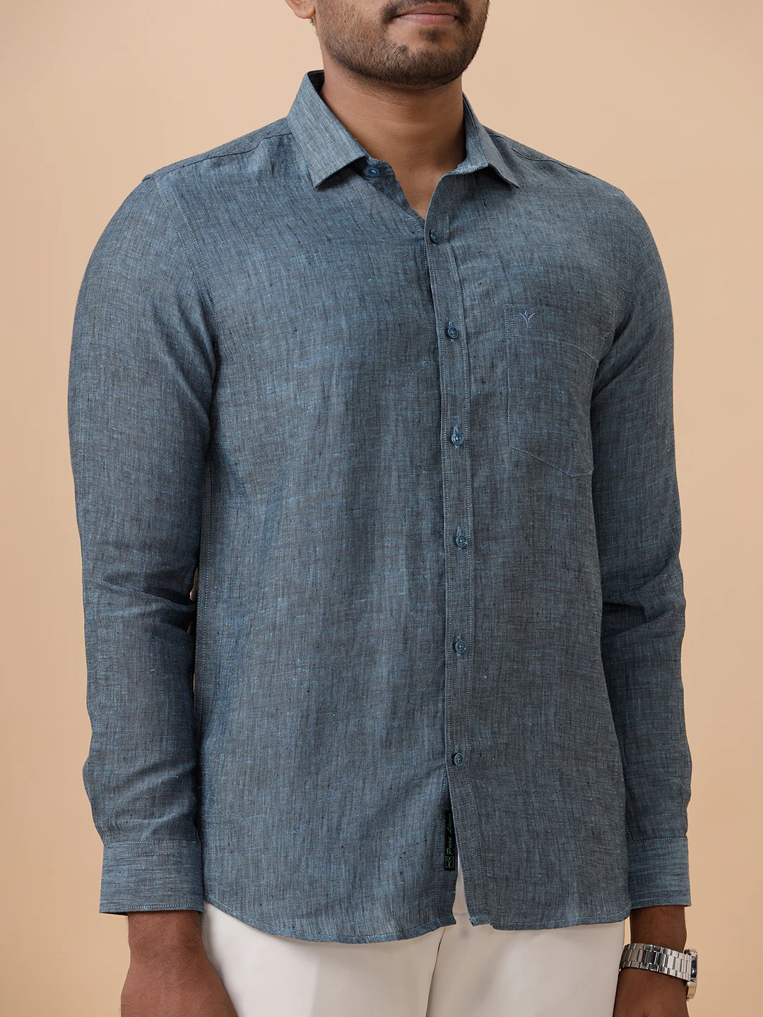 Mens Pure Linen Shirt Blue L20 - Image 5