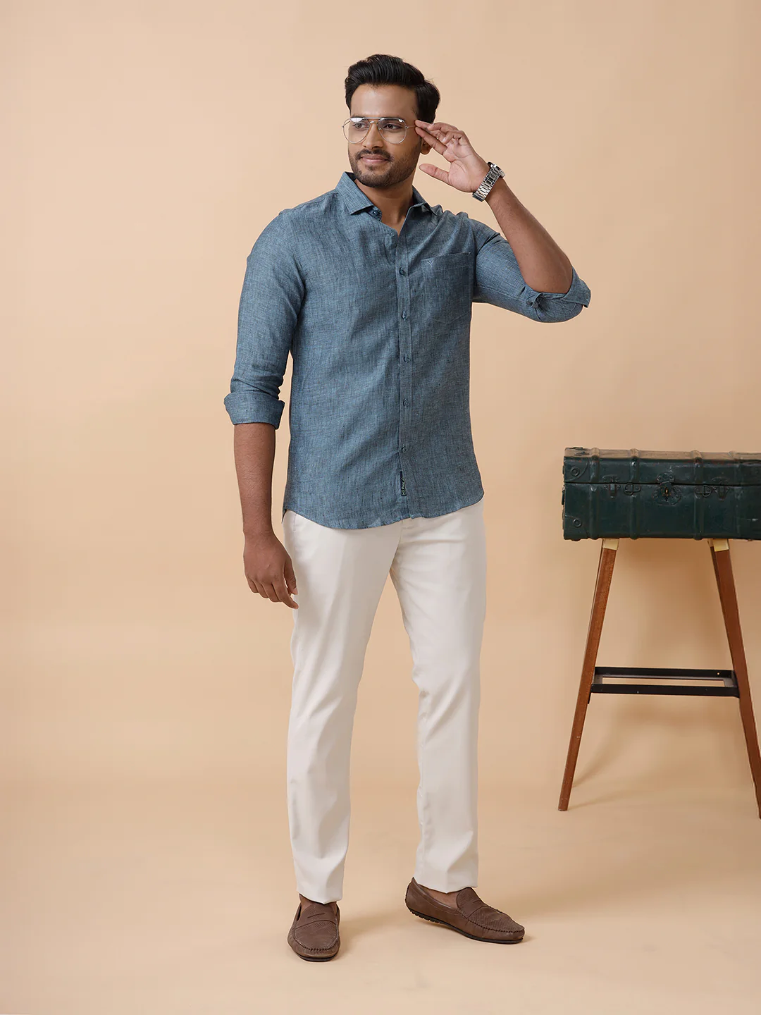 Mens Pure Linen Shirt Blue L20 - Image 6