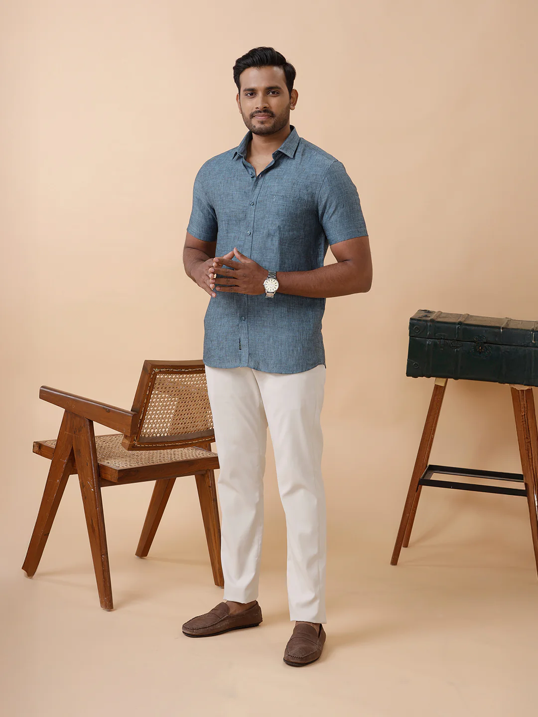 Mens Pure Linen Shirt Blue L20 - Image 8