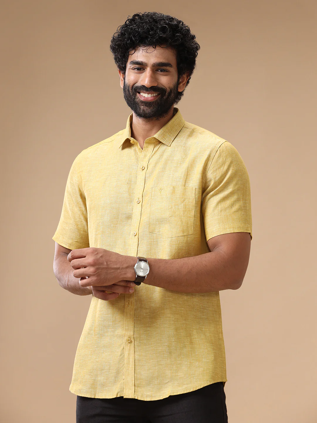 Mens Pure Linen Shirt Yellow L91 - Image 2