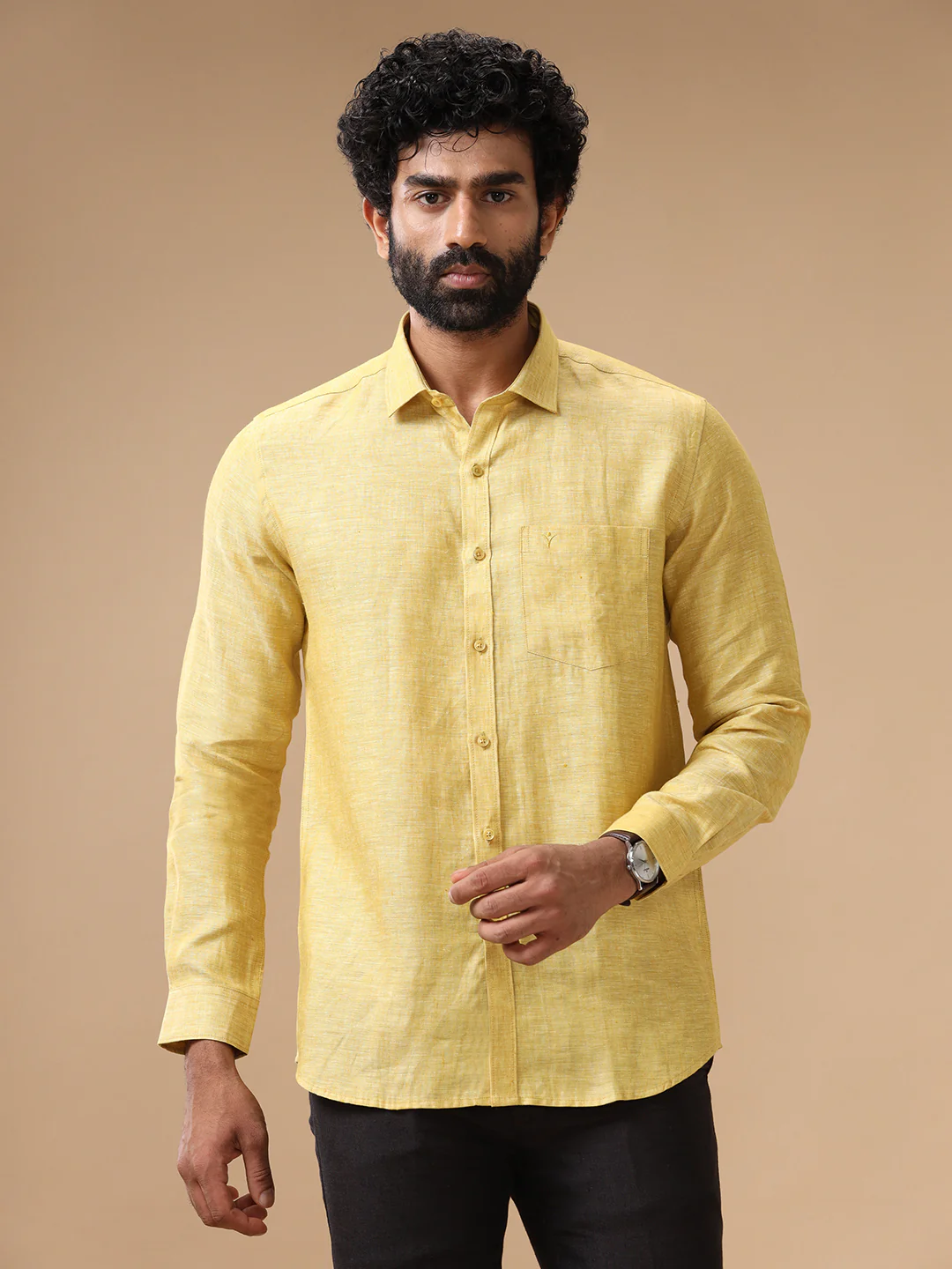 Mens Pure Linen Shirt Yellow L91 - Image 3