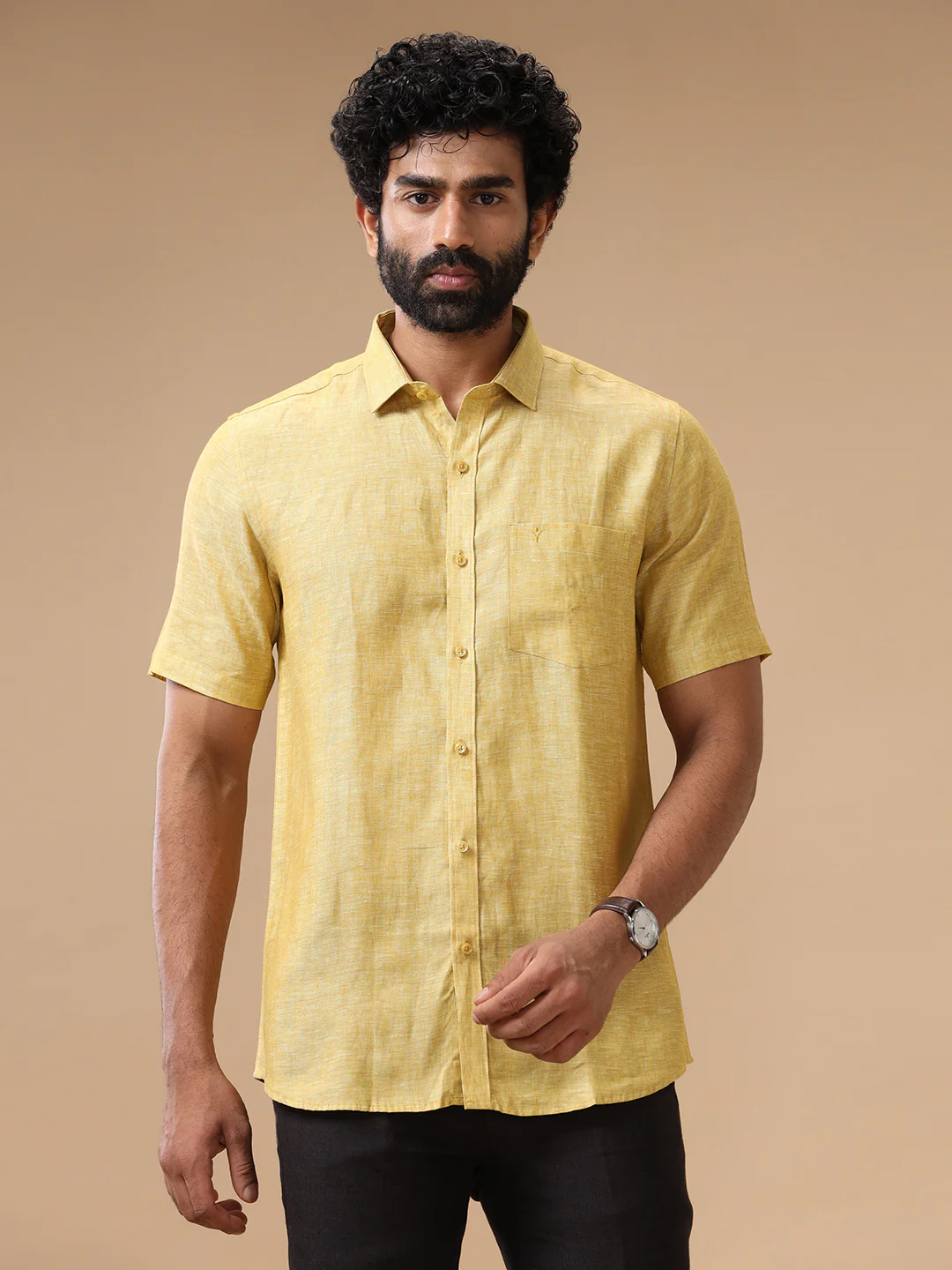 Mens Pure Linen Shirt Yellow L91 - Image 4