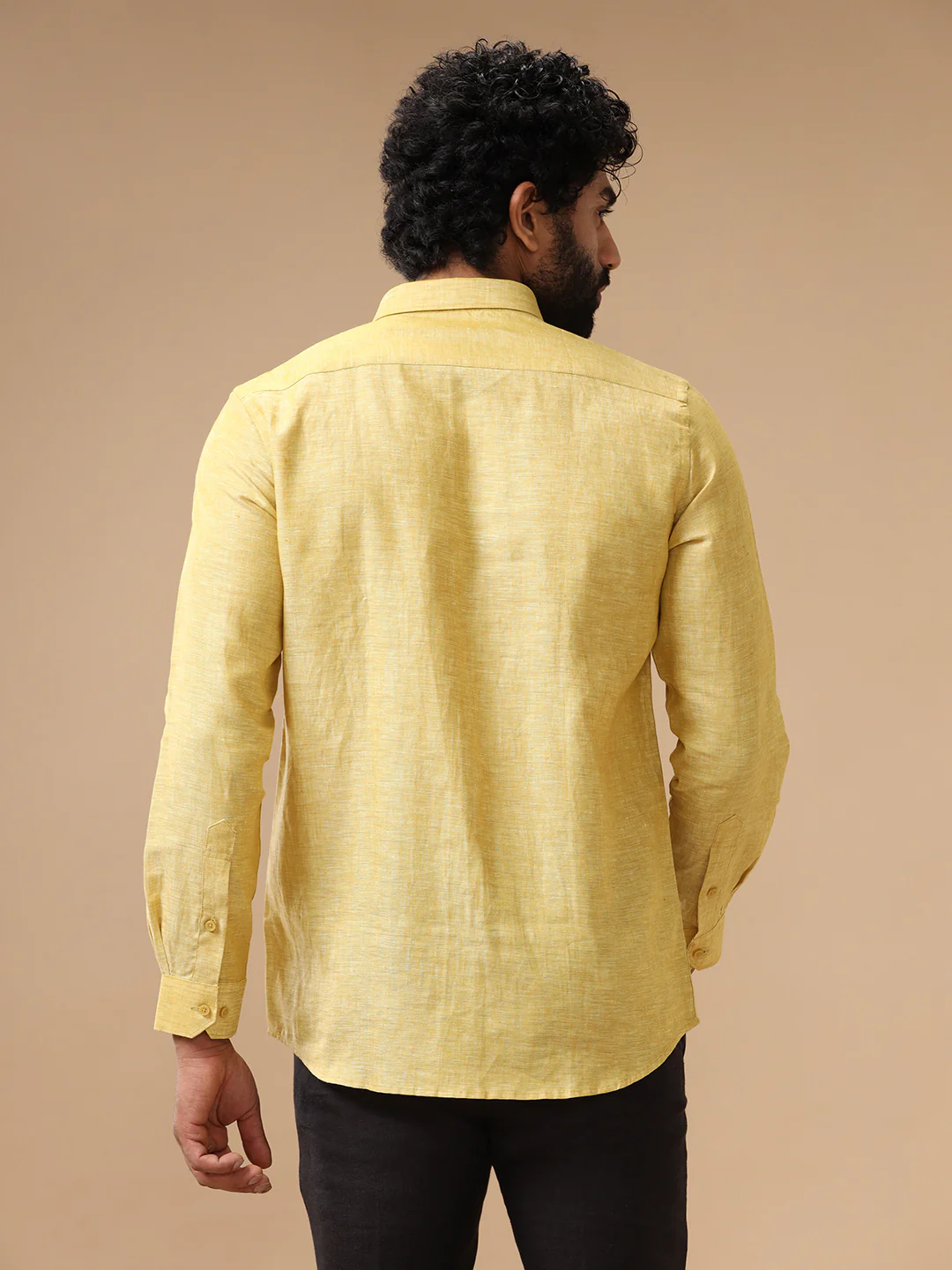 Mens Pure Linen Shirt Yellow L91 - Image 5
