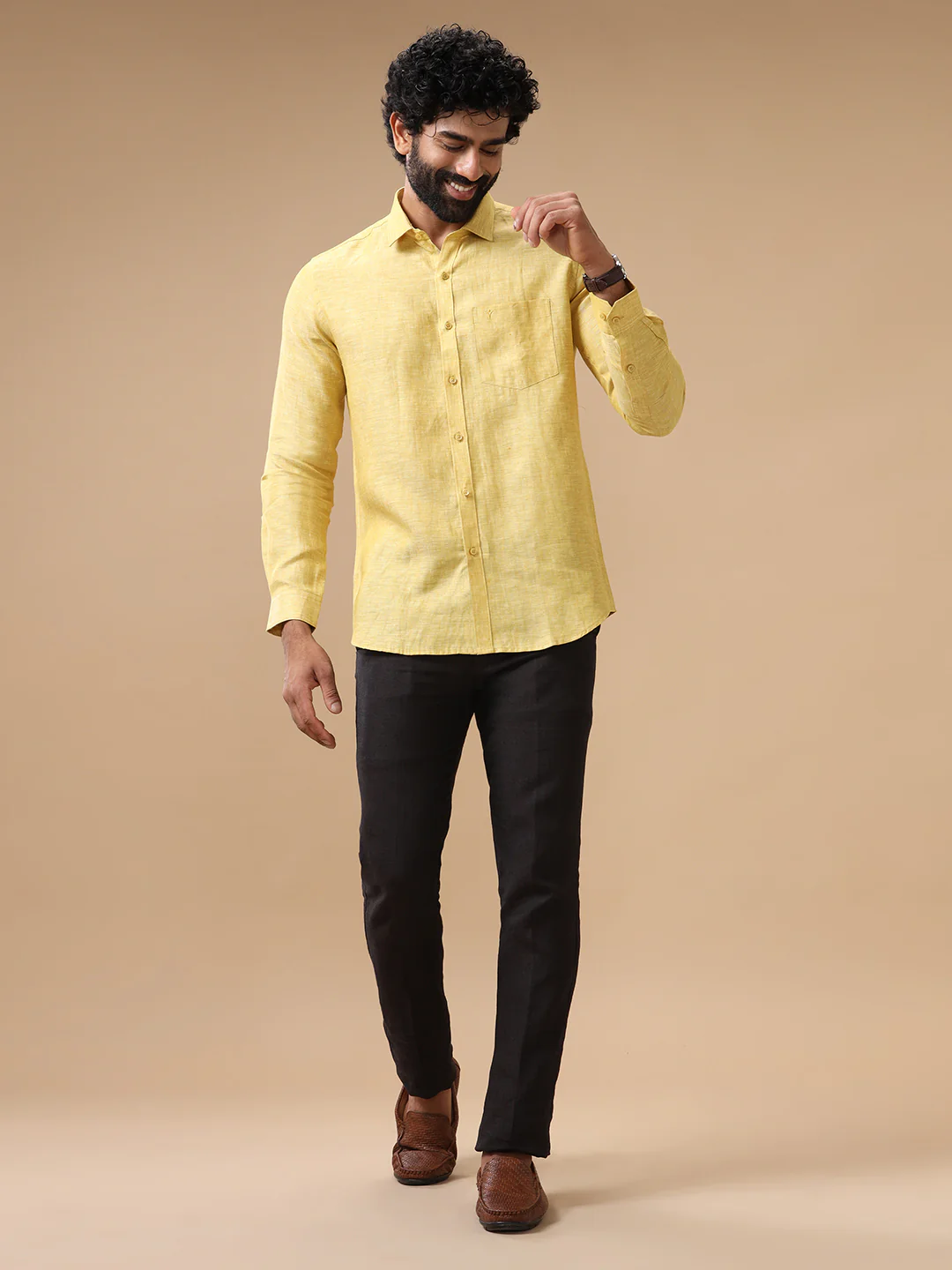 Mens Pure Linen Shirt Yellow L91 - Image 6
