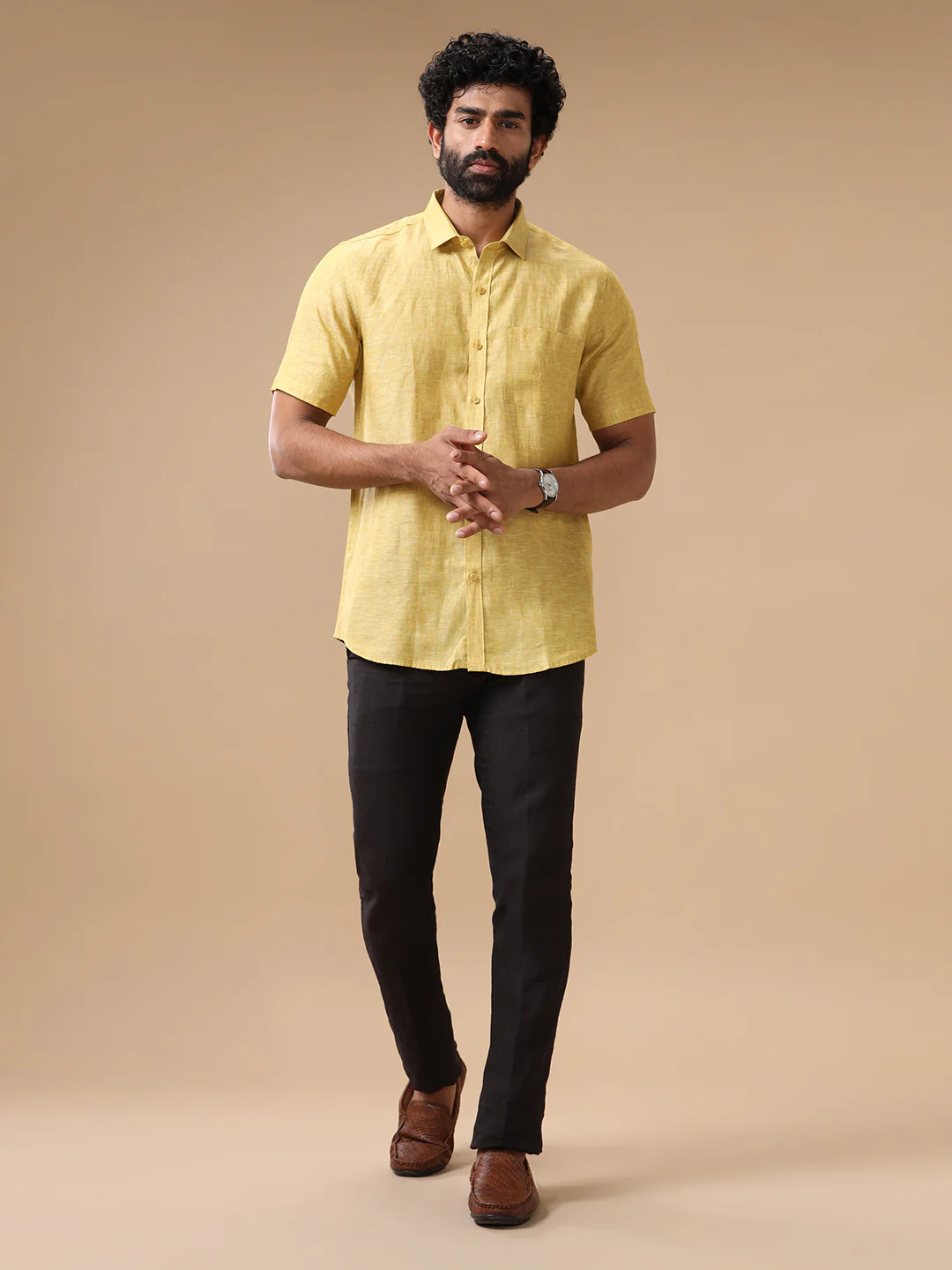 Mens Pure Linen Shirt Yellow L91 - Image 7