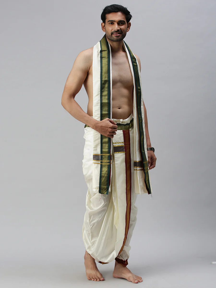 Men Pure Silk 9K Mayilkhan Dhoti & Towel (8+4) Thirukalyan - Image 2