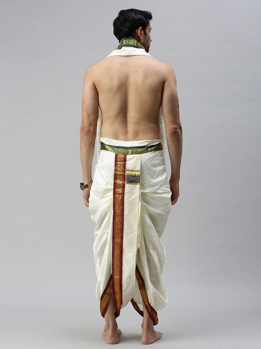 Men Pure Silk 9K Mayilkhan Dhoti & Towel (8+4) Thirukalyan - Image 3