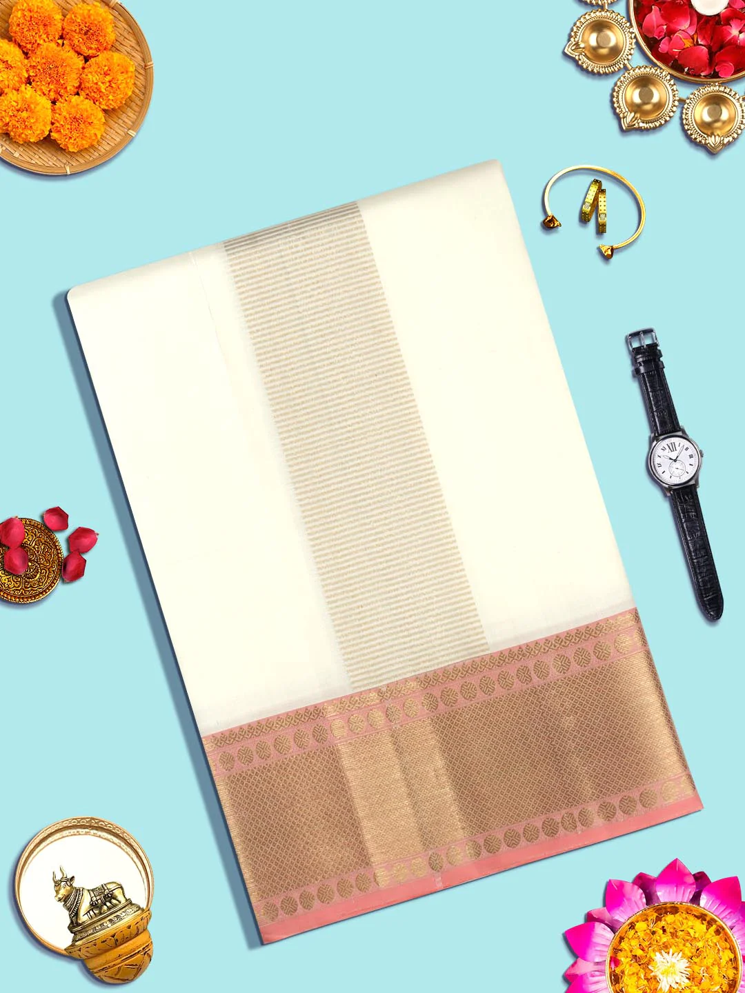 Mens Pure Silk Cream Dhoti with Angavastram  Amirtham - Image 3