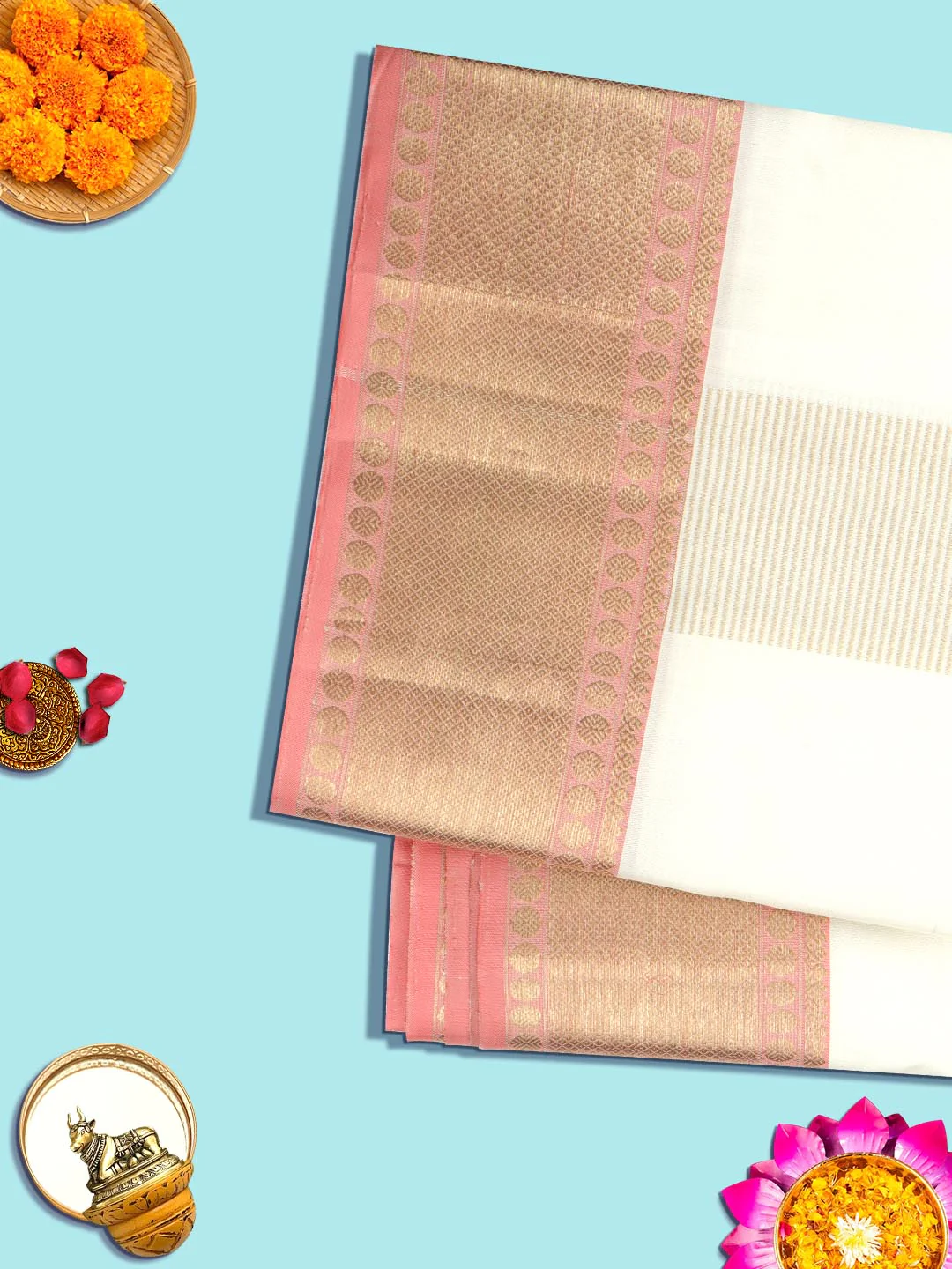 Mens Pure Silk Cream Dhoti with Angavastram  Amirtham - Image 4