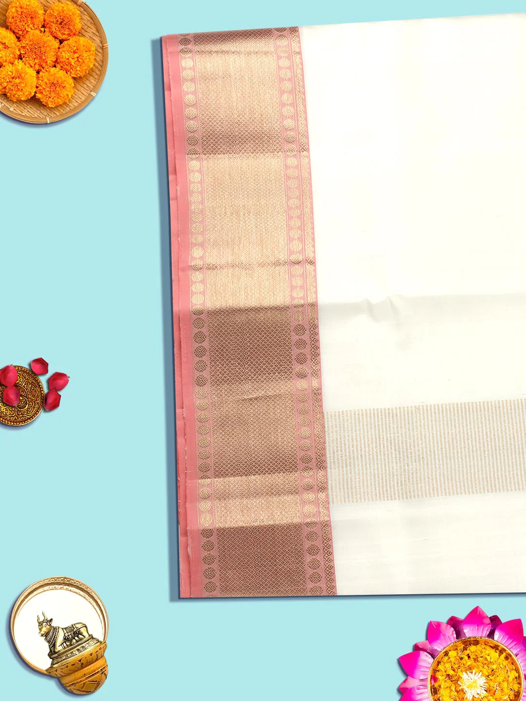 Mens Pure Silk Cream Dhoti with Angavastram  Amirtham - Image 5