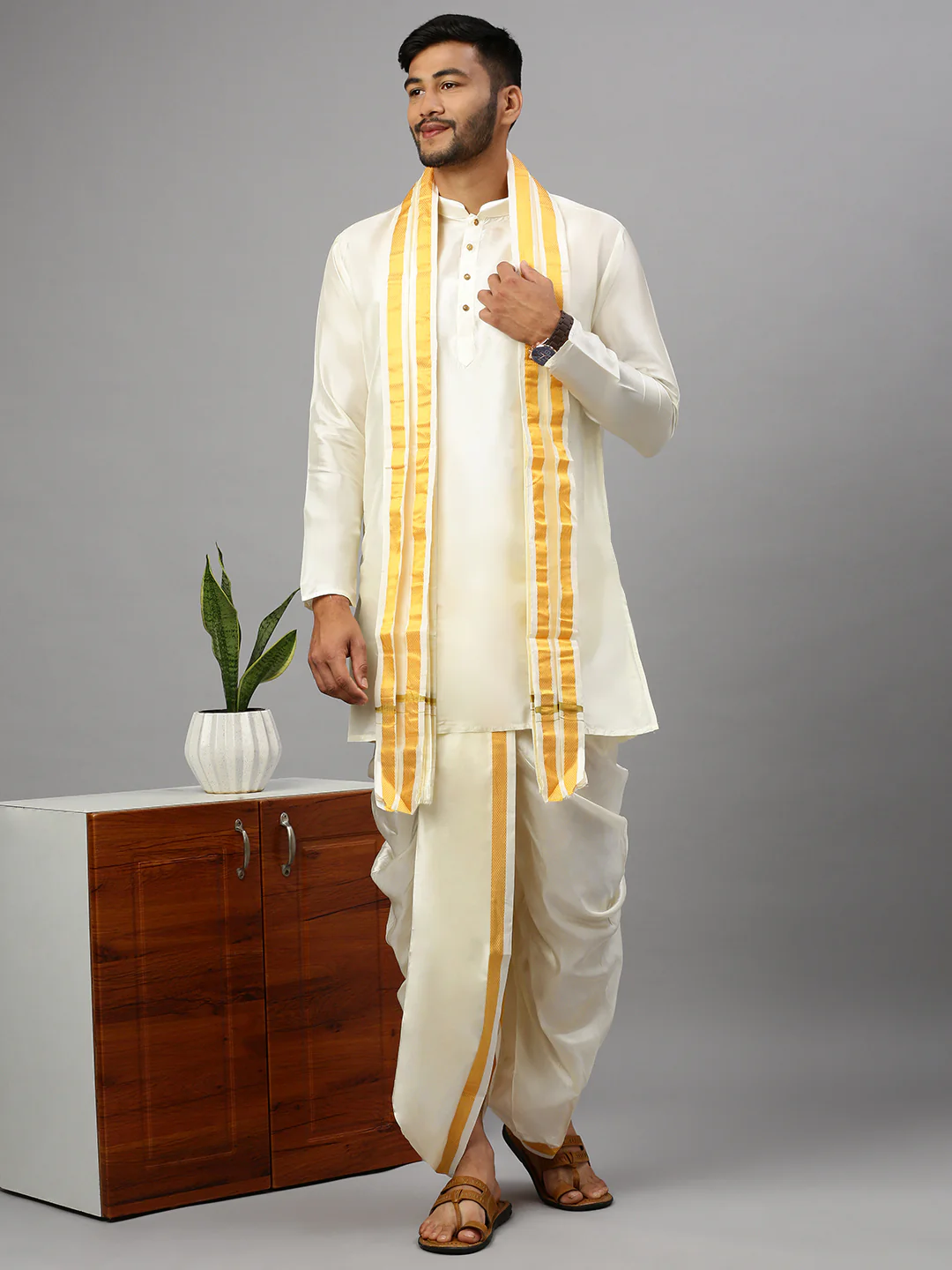 Mens Pure Silk Kurta with Readymade Elastic Panchakacham & Towel Set 1" inch Jari Border - Image 5