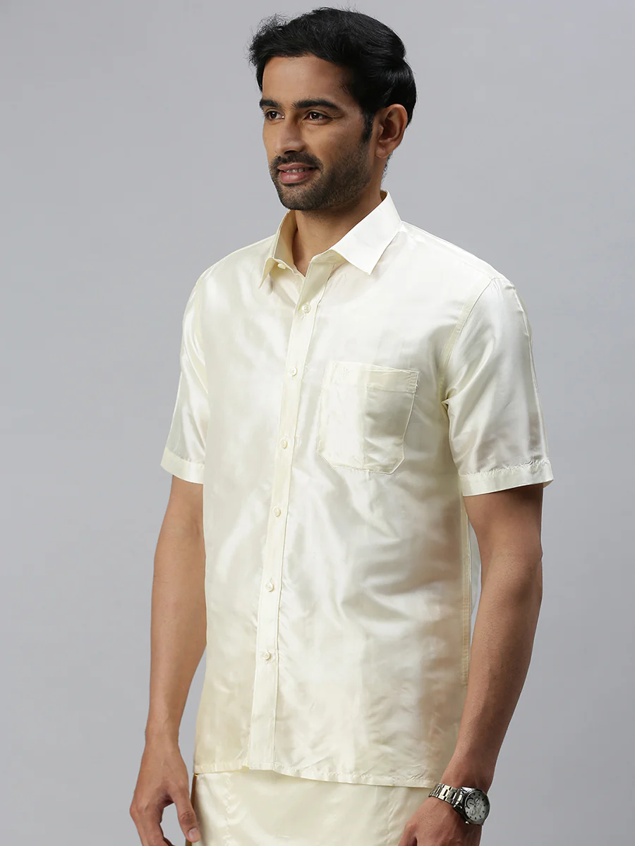 Men Pure Silk Mixed Cream Half Sleeves Shirt - Image 2