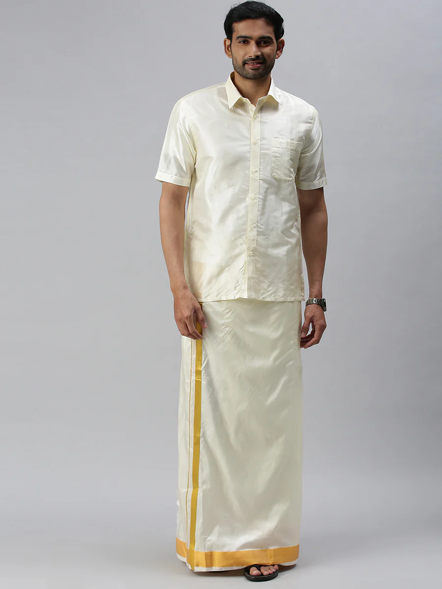Men Pure Silk Mixed Cream Half Sleeves Shirt - Image 5