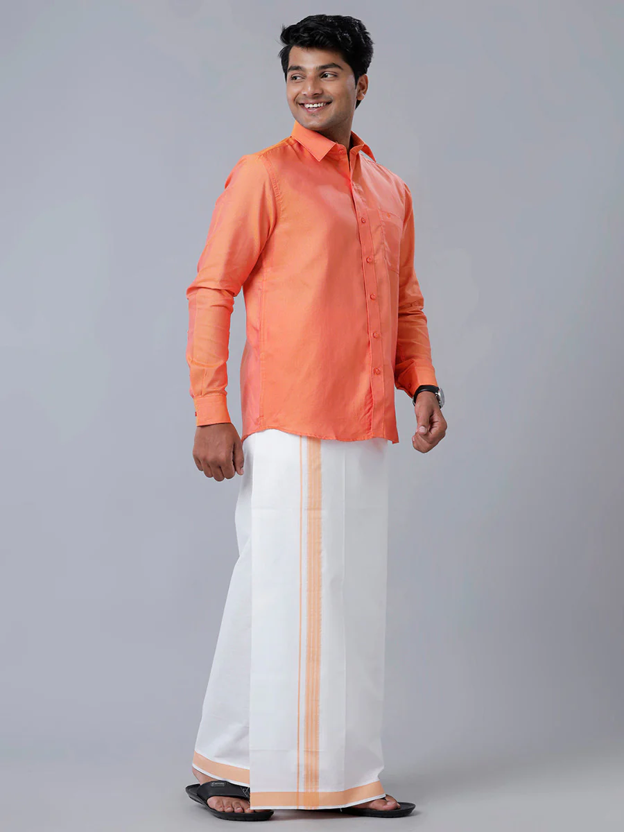 Men Matching Jari Border Dhoti & Full Sleeves Shirt Orange C102 - Image 2