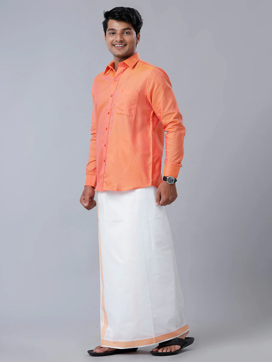 Men Matching Jari Border Dhoti & Full Sleeves Shirt Orange C102 - Image 3