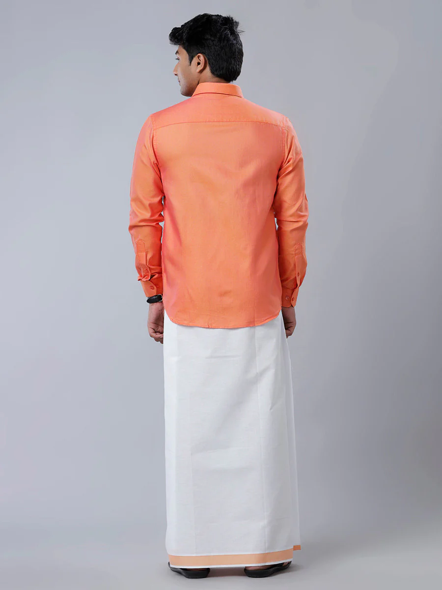 Men Matching Jari Border Dhoti & Full Sleeves Shirt Orange C102 - Image 4