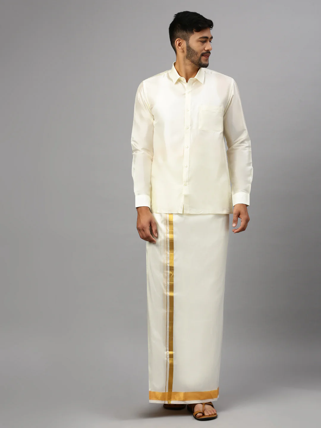 Mens Silk Cream Double Dhoti 1 1/2" Gold Jari Border Suba Vivaga - Image 2