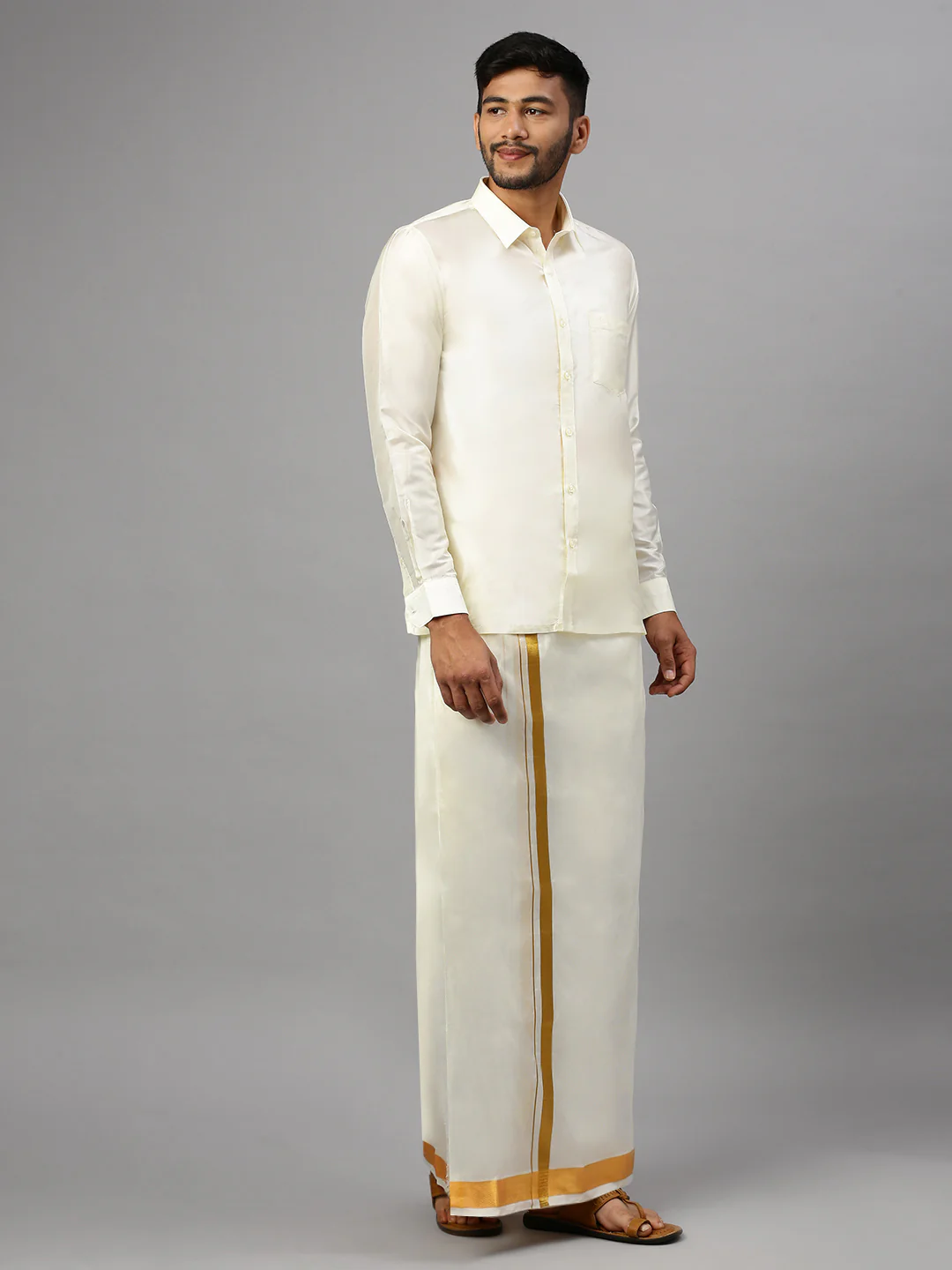 Mens Silk Cream Double Dhoti 1" Gold Jari Border Suba Vivaga - Image 2