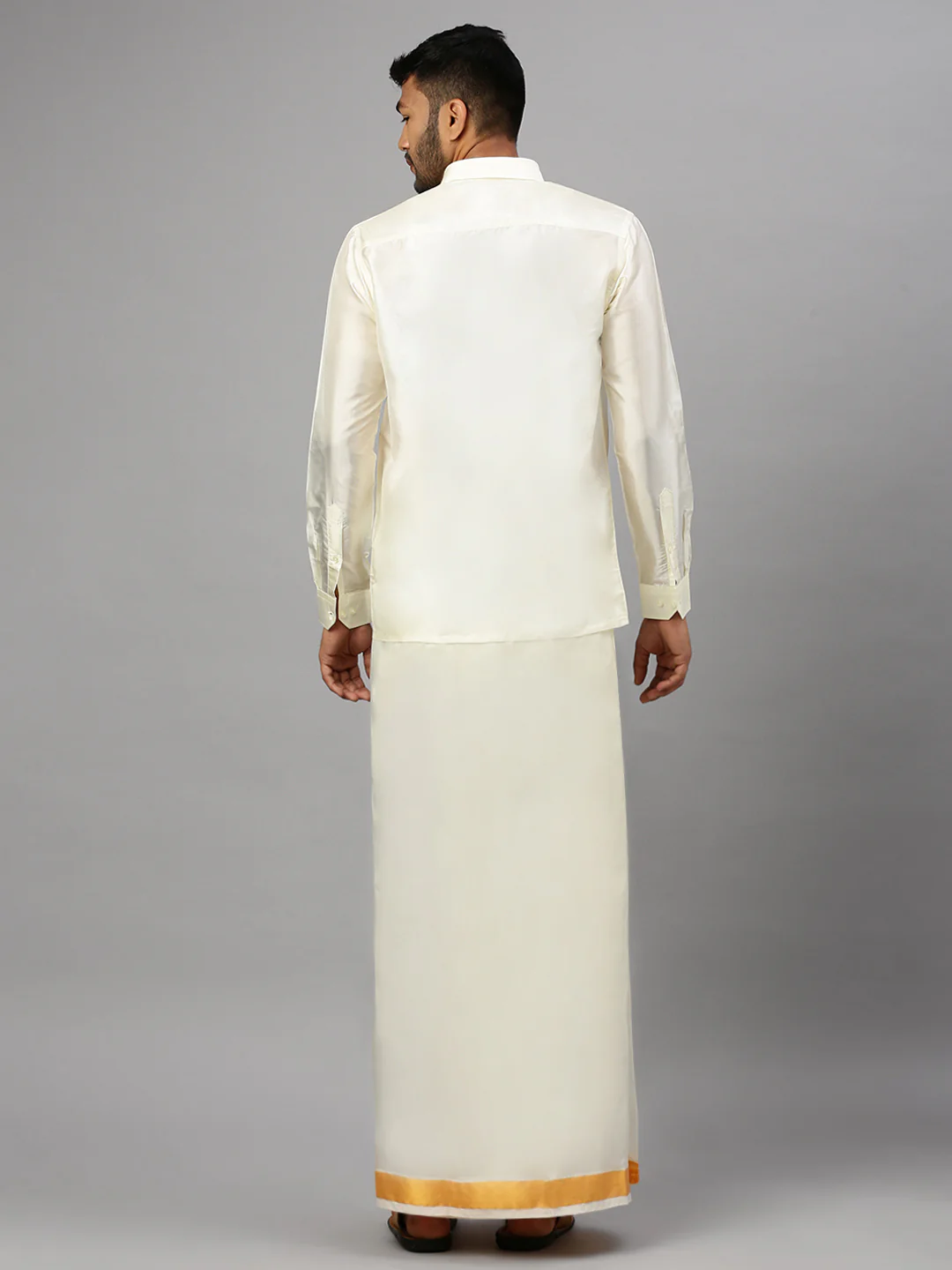 Mens Silk Cream Double Dhoti 1" Gold Jari Border Suba Vivaga - Image 3