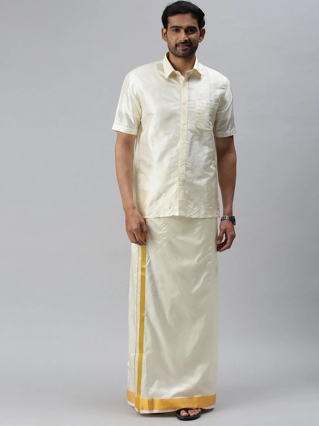 Men Silk Cream Double Layer Dhoti with 3/4" inch Gold Jari Border Suba Vivaga - Image 2