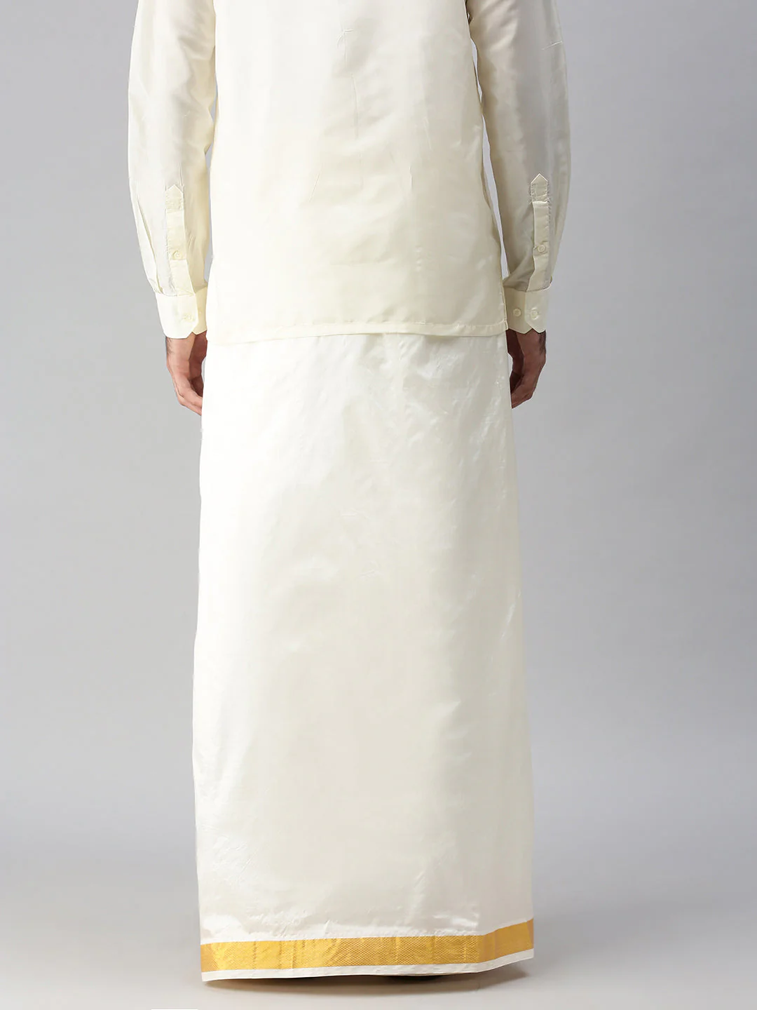 Men Silk Cream Double Layer Dhoti with 3/4" inch Gold Jari Border Suba Vivaga - Image 4