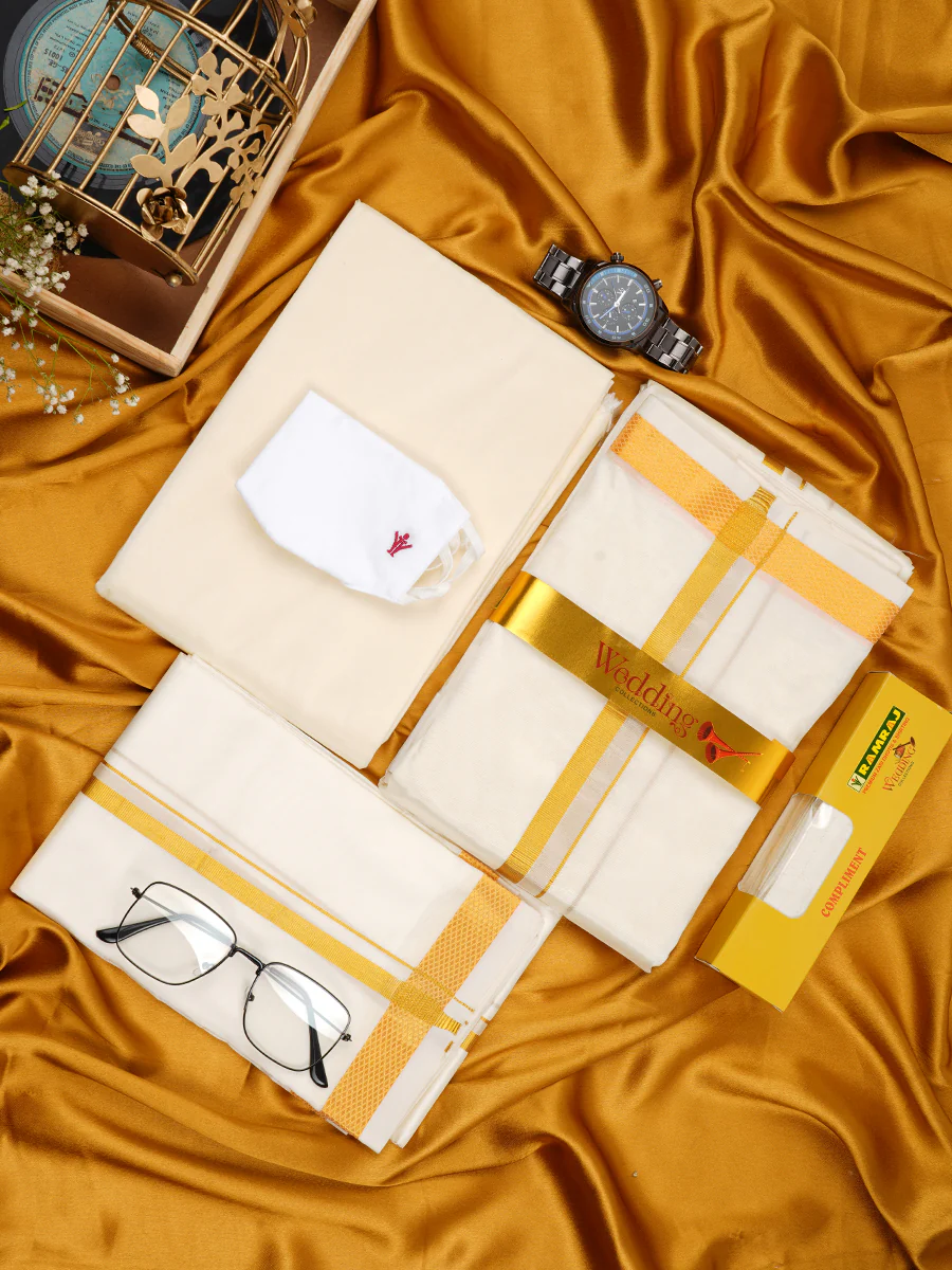 Men Art Silk Cream Dhoti Shirting & Towel Set Subamangalam 50k - Image 3