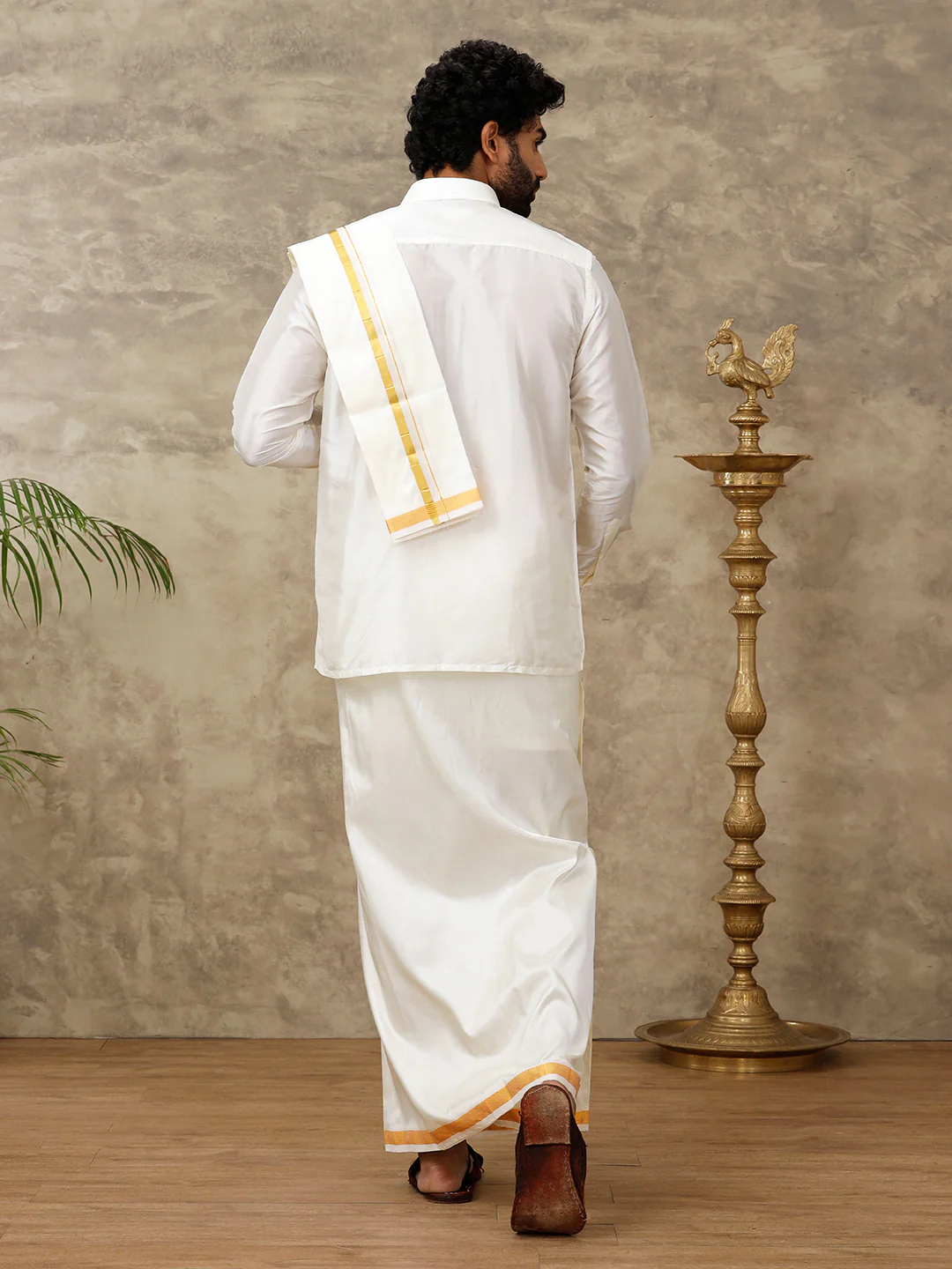 Men Art Silk Cream Dhoti Shirting & Towel Set Subamangalam 50k - Image 4