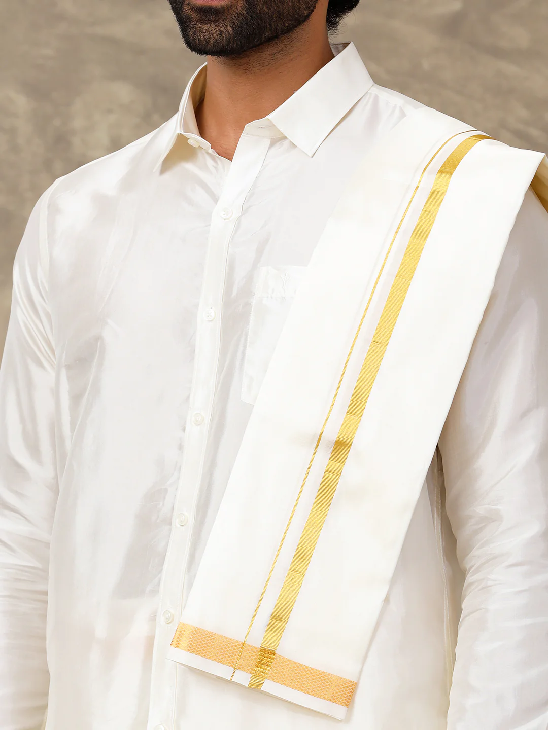 Men Art Silk Cream Dhoti Shirting & Towel Set Subamangalam 50k - Image 5