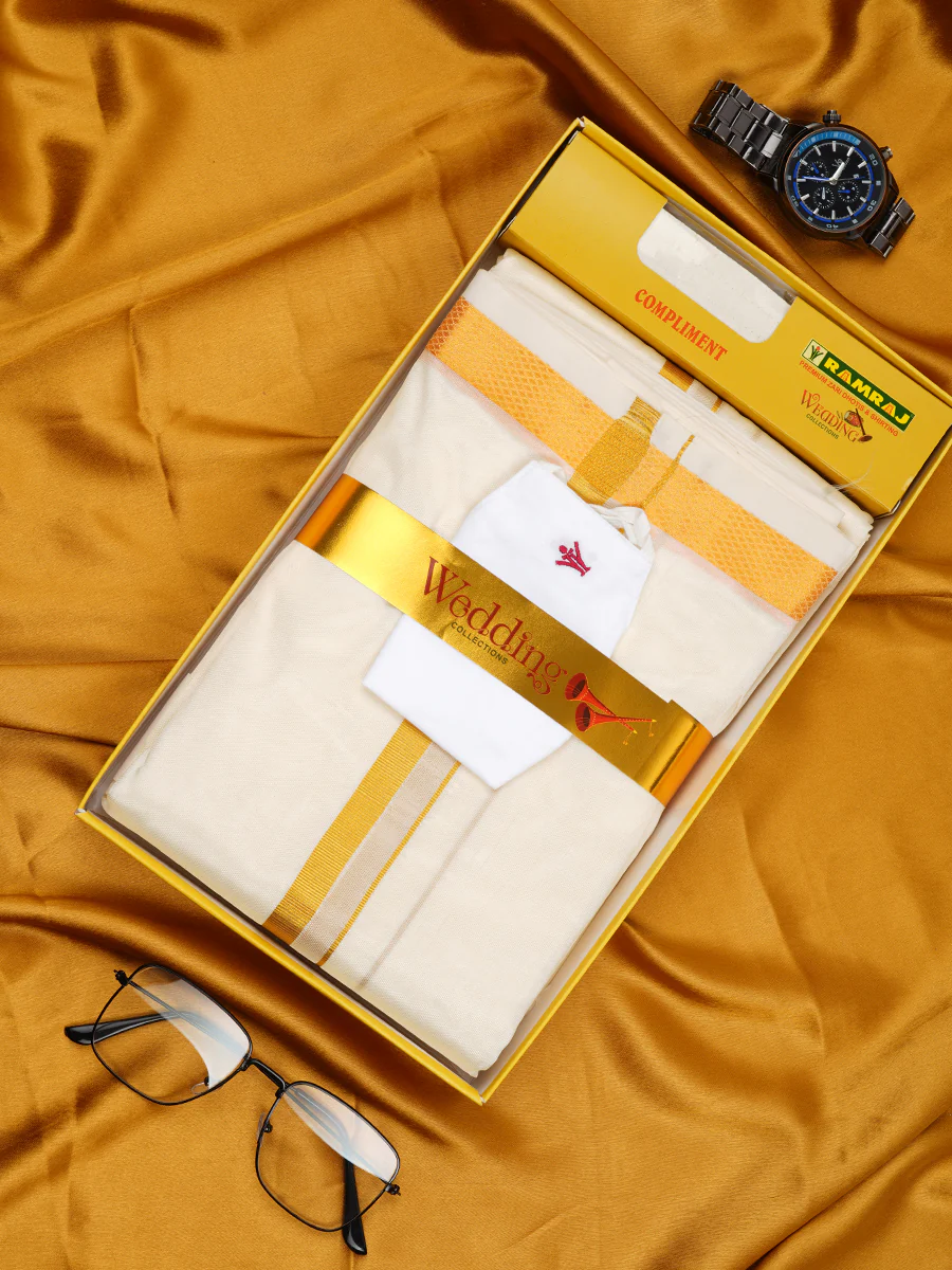 Men Art Silk Cream Dhoti Shirting & Towel Set Subamangalam 50k - Image 6