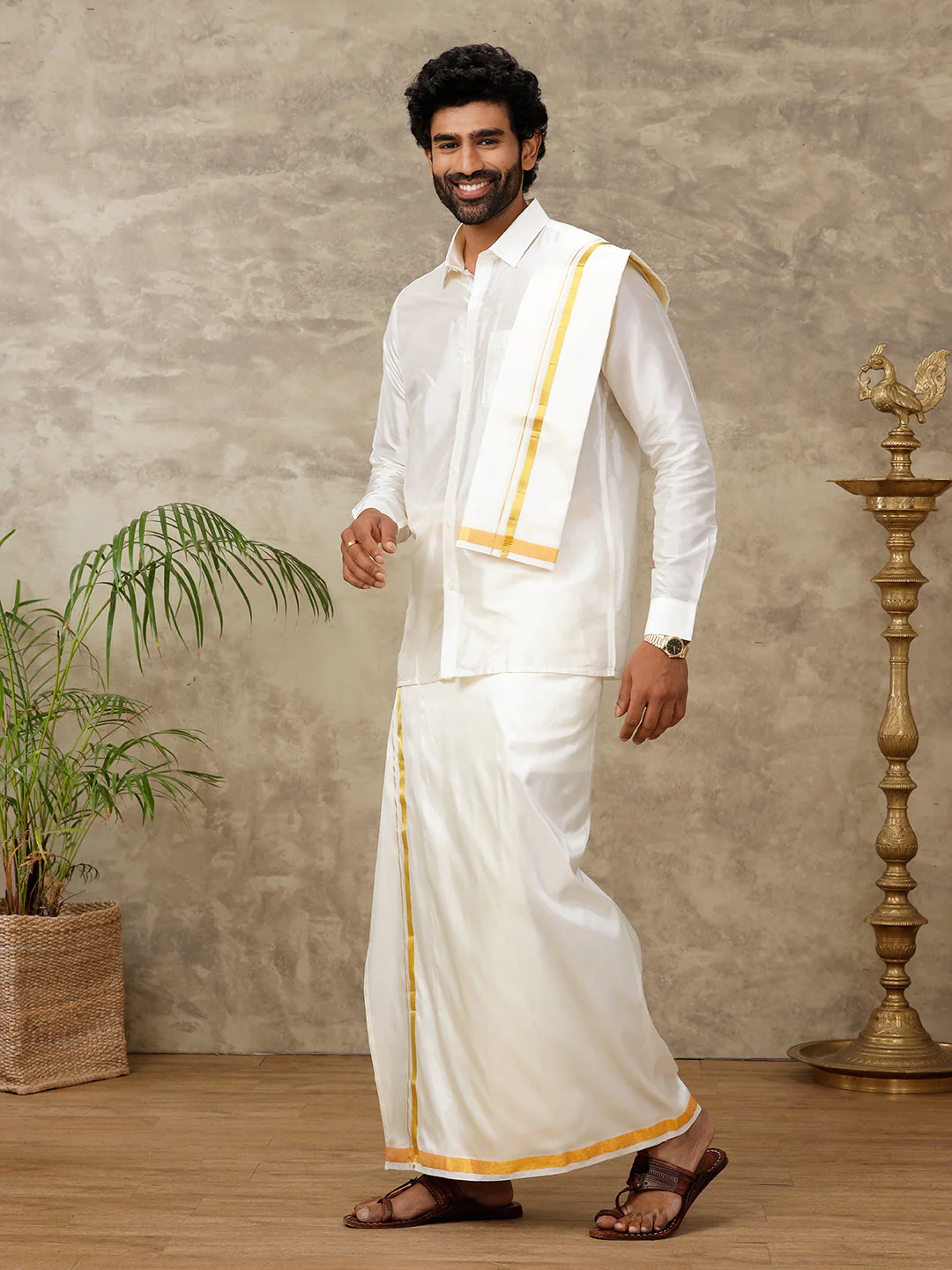 Men Art Silk Cream Dhoti Shirting & Towel Set Subamangalam 50k - Image 7