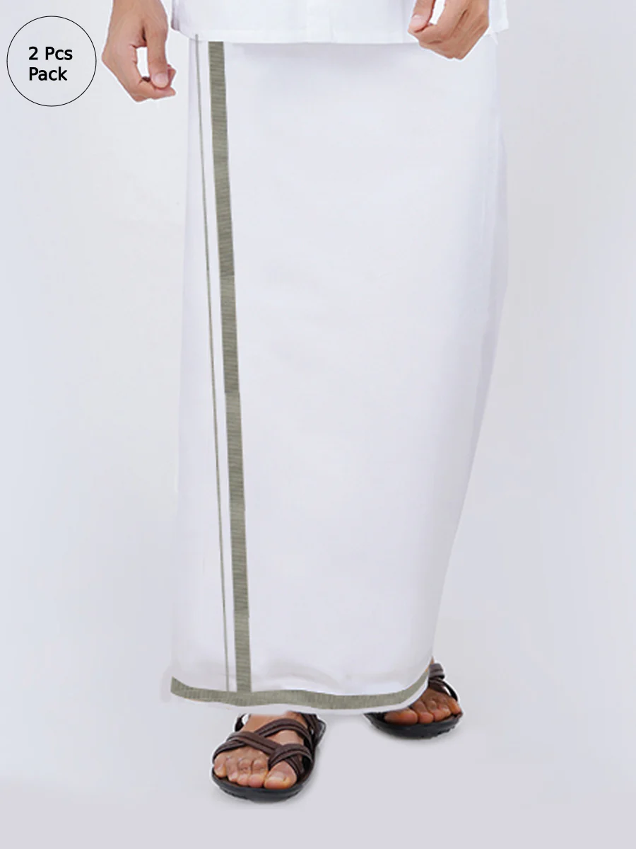 Mens White Dhoti with Silver Jari Border 3/4" Silver Storm (2PCs Pack)
