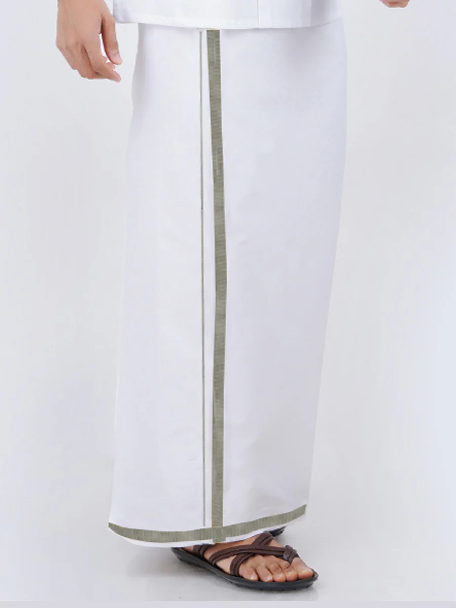 Mens White Dhoti with Silver Jari Border 3/4" Silver Storm (2PCs Pack) - Image 2